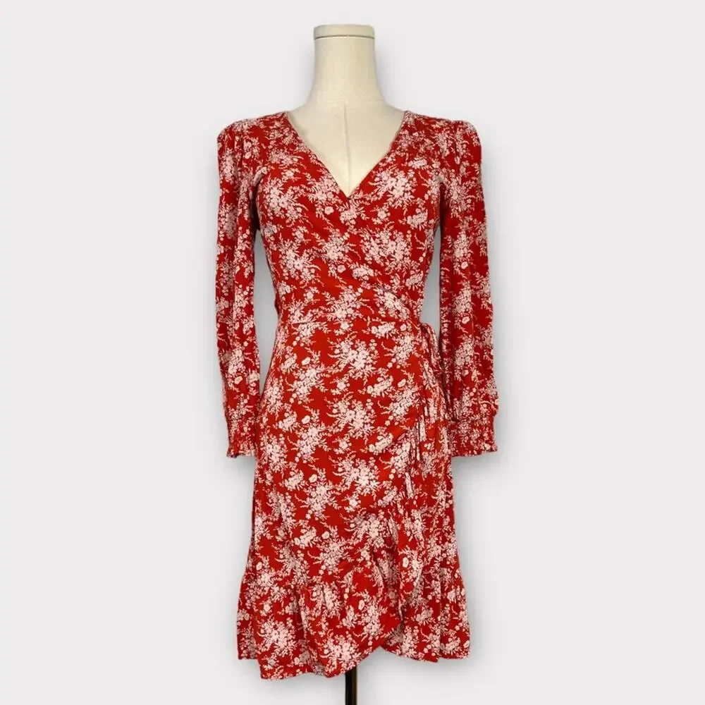 American Eagle Red Floral Ruffle Wrap Dress Size Small - Picture 2 of 6